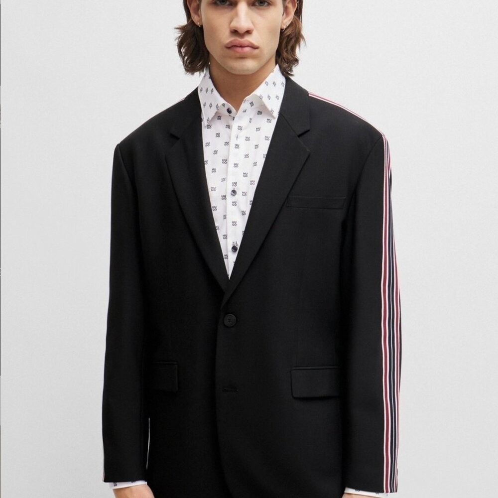 HUGO Boss Wool Blend Suit Set Black Striped Tape Trim Blazer Pants 46R Tailored